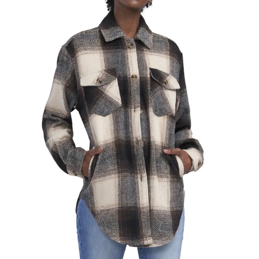 Buffalo‎ David Bitton Womens Plaid Herringbone Wool Blend Shacket Brown Large